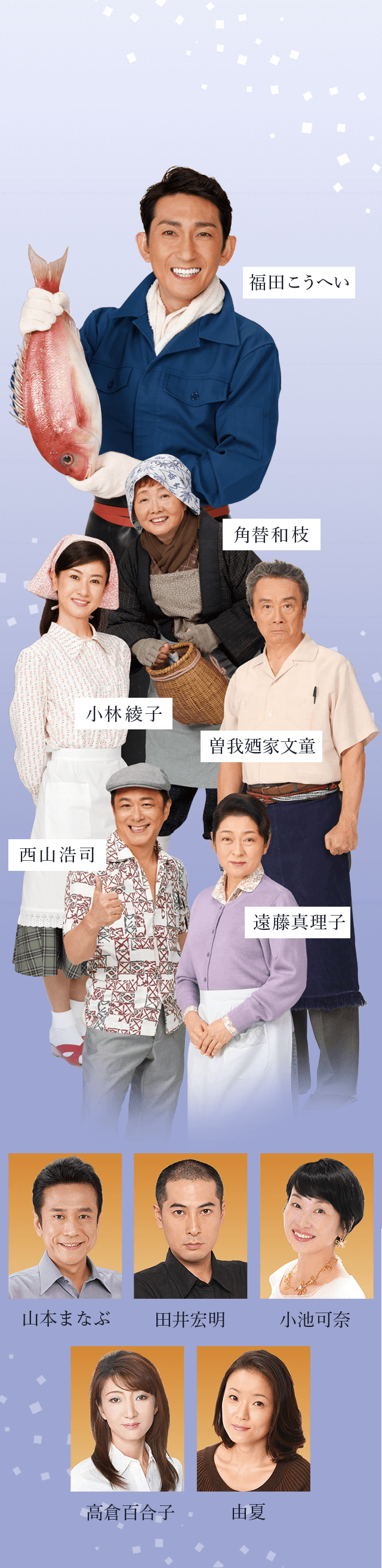 福田こうへい　角替和枝　小林綾子　曽我廼家文童　西山浩司　遠藤真理子　山本まなぶ　田井宏明　小池可奈　高倉百合子　由夏