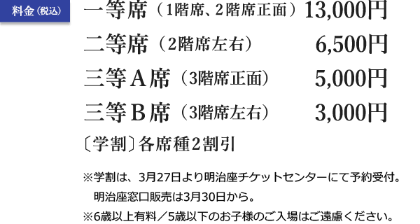 料金：一等席（一階席・二階席正面）13,000円、二等席（二階席左右）6,500円、三等A席（三階席正面）5,000円、三等B席（三階席左右）3,000円、【学割】各席種2割引、※学割は、3月27日より明治座チケットセンターにて予約受付。明治座窓口販売は3月30日から。※6歳以上有料／5歳以下のお子様のご入場はご遠慮ください