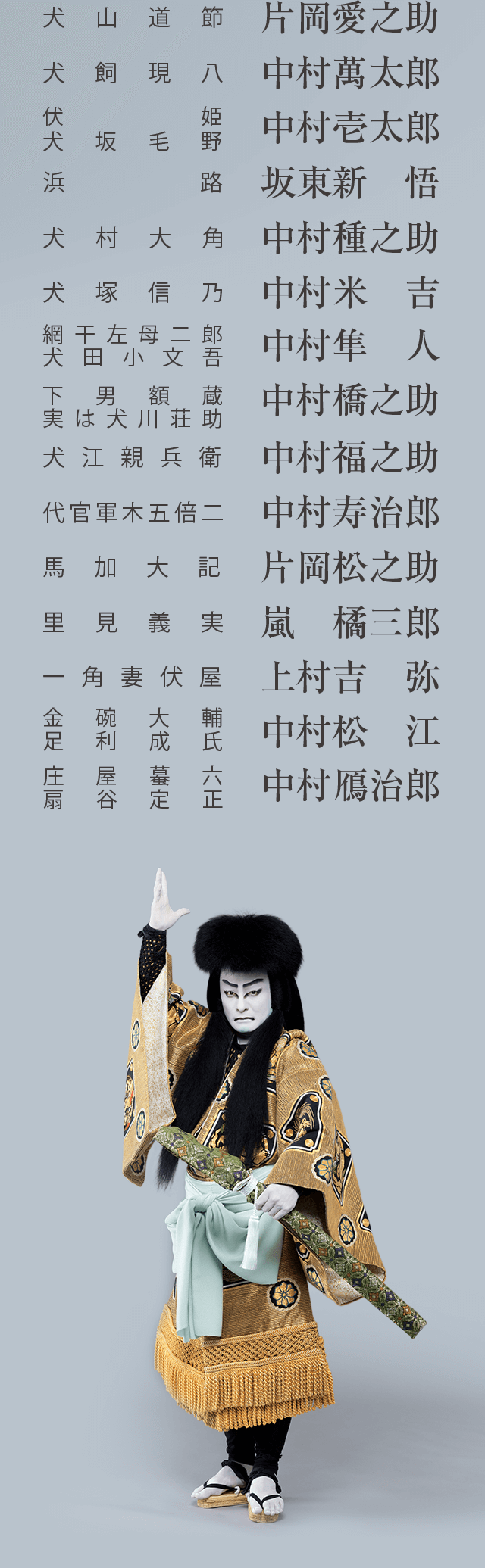
犬山道筋 片岡愛之助
犬飼現八 中村萬太郎
犬坂毛野 中村壱太郎
浜路 坂東新悟
犬村大角 中村種之助
犬塚信乃 中村米吉
綱千左母二郎／犬田小文吾 中村隼人
下男額蔵／実は犬川荘助 中村橋之助
犬江親兵衛  中村福之助
代官軍木倍二  中村寿治郎
馬加大記  片岡松之助
里見義実  嵐橘三郎
一角妻伏屋  上村吉弥
金碗大輔／足利成氏 中村松江
庄屋蟇六／扇谷定正 中村鴈治郎
