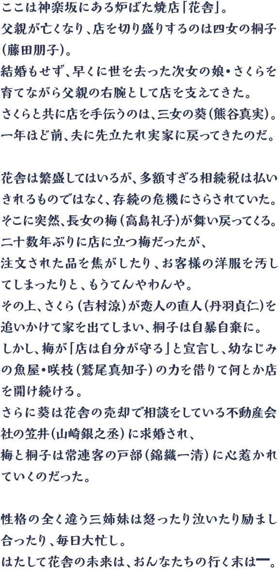 ここは神楽坂にある炉ばた焼店「花舎」。父親が亡くなり、店を切り盛りするのは四女の桐子(藤田朋子)。結婚もせず、早くに世を去った次女の娘・さくらを育てながら父親の右腕として店を支えてきた。さくらと共に店を手伝うのは、三女の葵(熊谷真実)。一年ほど前、夫に先立たれ実家に戻ってきたのだ。花舎は繁盛してはいるが、多額すぎる相続税は払いきれるものではなく、存続の危機にさらされていた。そこに突然、長女の梅(高島礼子)が舞い戻ってくる。二十数年ぶりに店に立つ梅だったが、注文された品を焦がしたり、お客様の洋服を汚してしまったりと、もうてんやわんや。その上、さくら(吉村涼)が恋人の直人(丹羽貞仁)を追いかけて家を出てしまい、桐子は自暴自棄に。しかし、梅が「店は自分が守る」と宣言し、幼なじみの魚屋・咲枝(鷲尾真知子)の力を借りて何とか店を開け続ける。さらに葵は花舎の売却で相談をしている不動産会社の笠井(山崎銀之丞)に求婚され、梅と桐子は常連客の戸部(錦織一清)に心惹かれていくのだった。性格の全く違う三姉妹は怒ったり泣いたり励まし合ったり、毎日大忙し。はたして花舎の未来は、おんなたちの行く末は―。